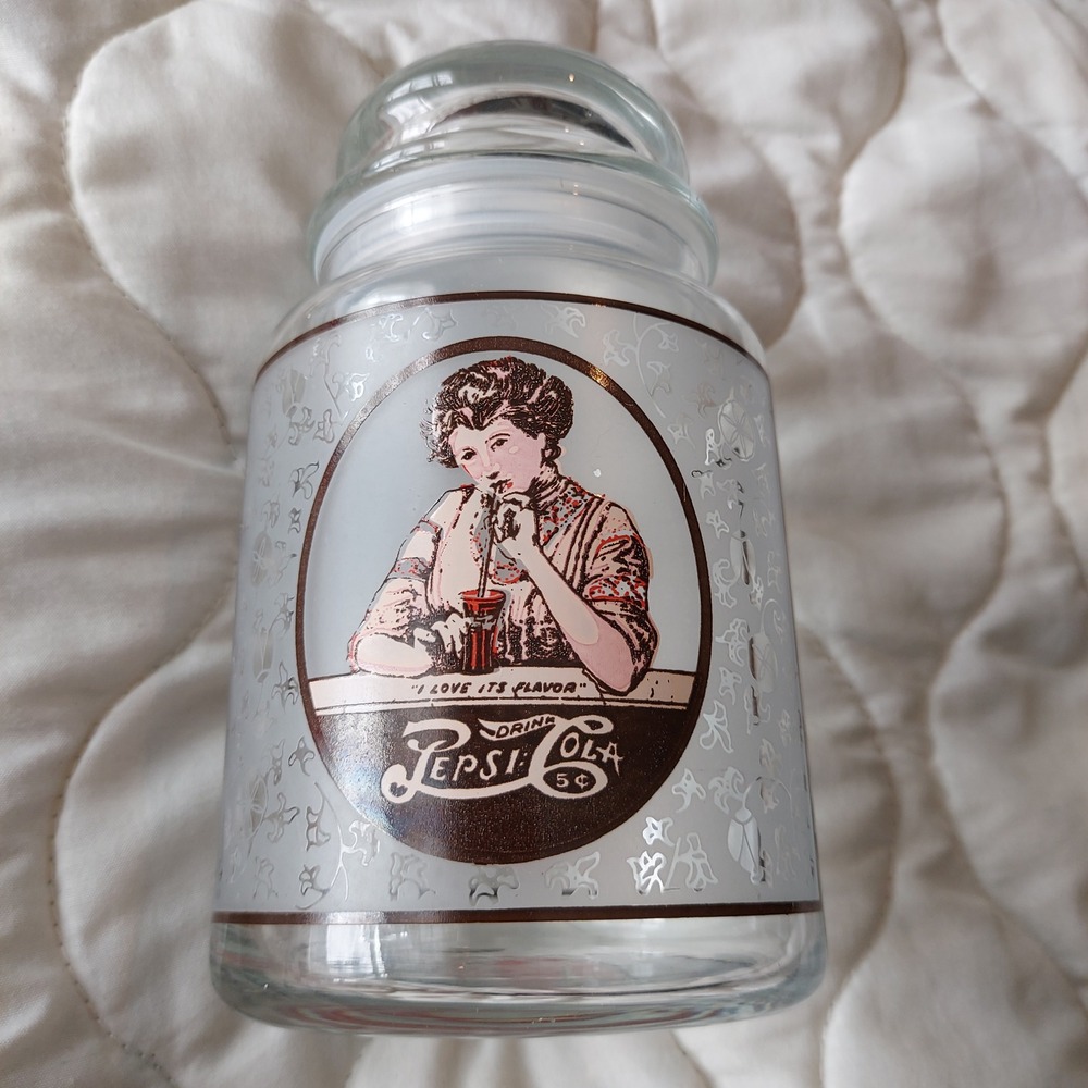 Vintage Pepsi Cola Glass Canister Jar with Lid Victorian Lady Graphics 7x4